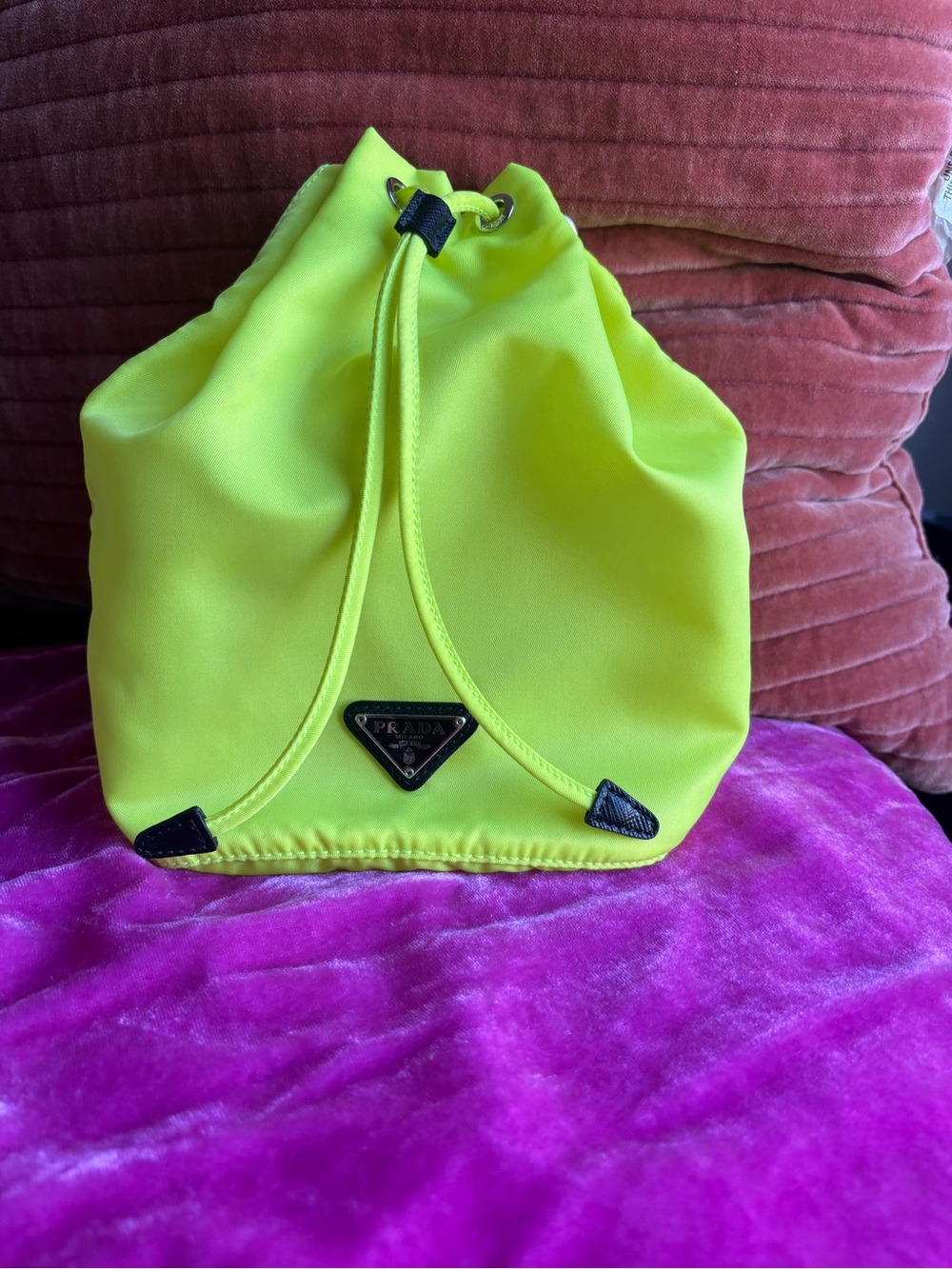 Prada Neon Yellow Nylon Drawstring Bucket pouch/ Cross Body/ Wrislet